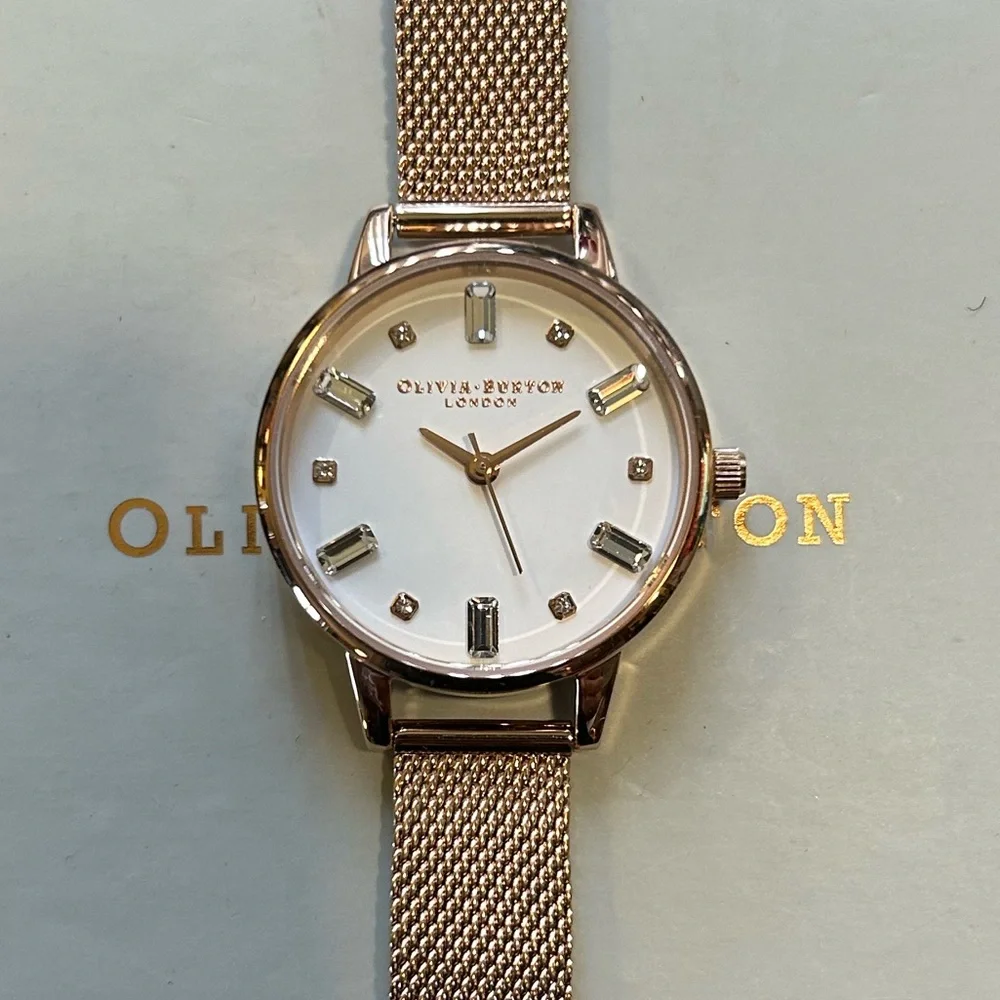 OLIVIA BURTON Rose Gold Mesh Bracelet Watch with White Dial